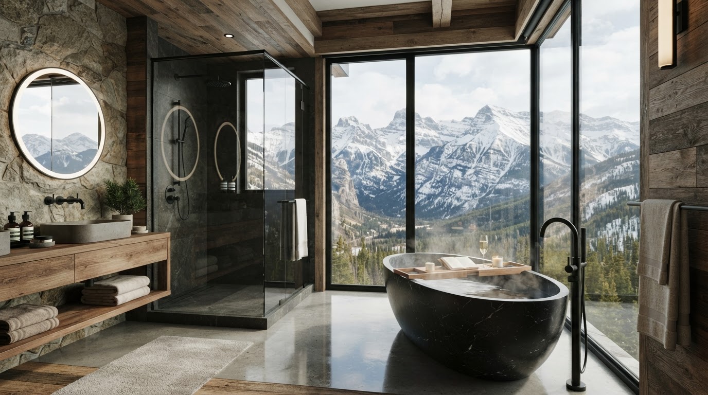 Luxury alpine bathroom with a freestanding soaking tub beside floor-to-ceiling windows overlooking snow-capped mountain peaks — high-elevation water delivery and spa-grade plumbing for Aspen estates