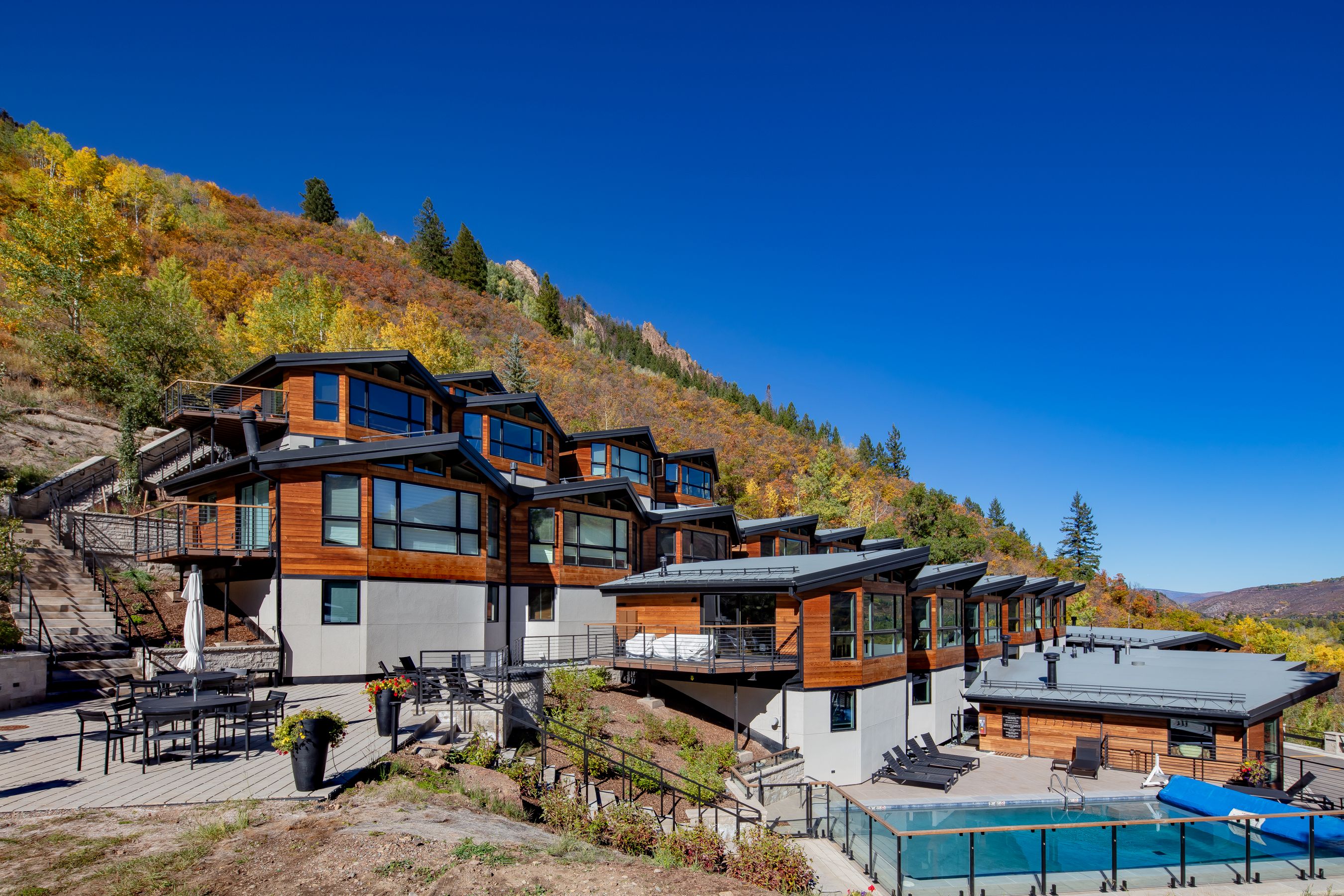 Terraced alpine townhomes & pool deck — Shadow Mountain Townhomes, Aspen, CO
