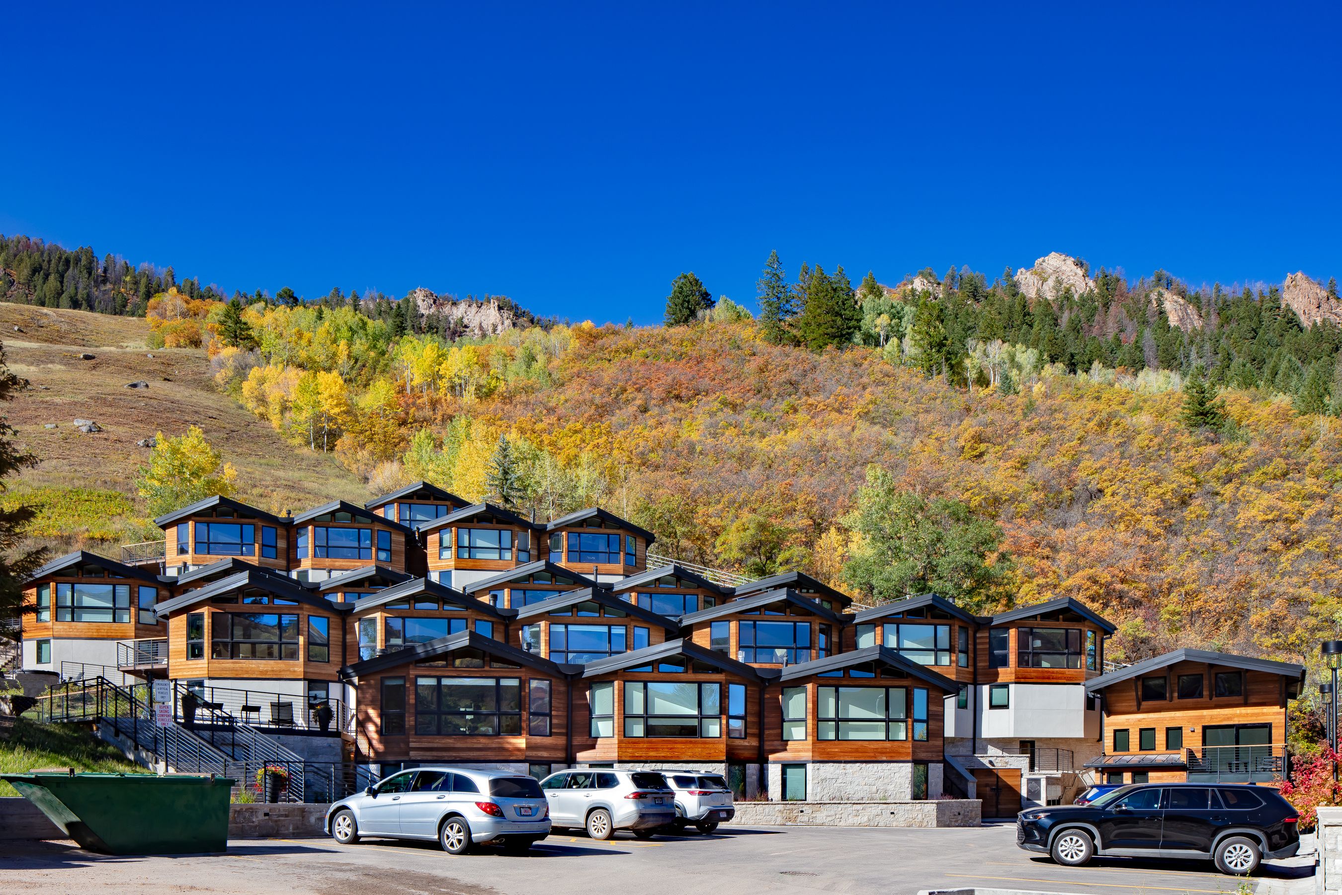 Hillside townhome elevation & autumn slopes — Shadow Mountain Townhomes, Aspen, CO