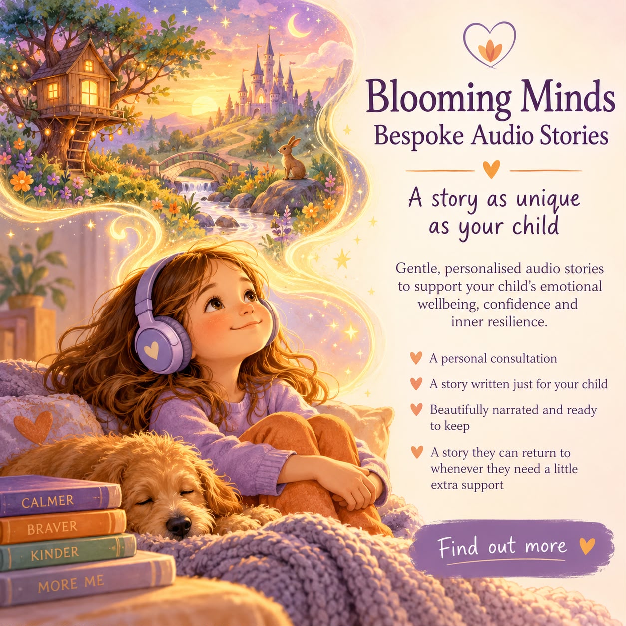 Blooming Minds bespoke audio stories artwork — a young girl listening peacefully with headphones beside her sleeping puppy on cosy blankets, with imaginative golden storybook magic rising to a treehouse and castle
