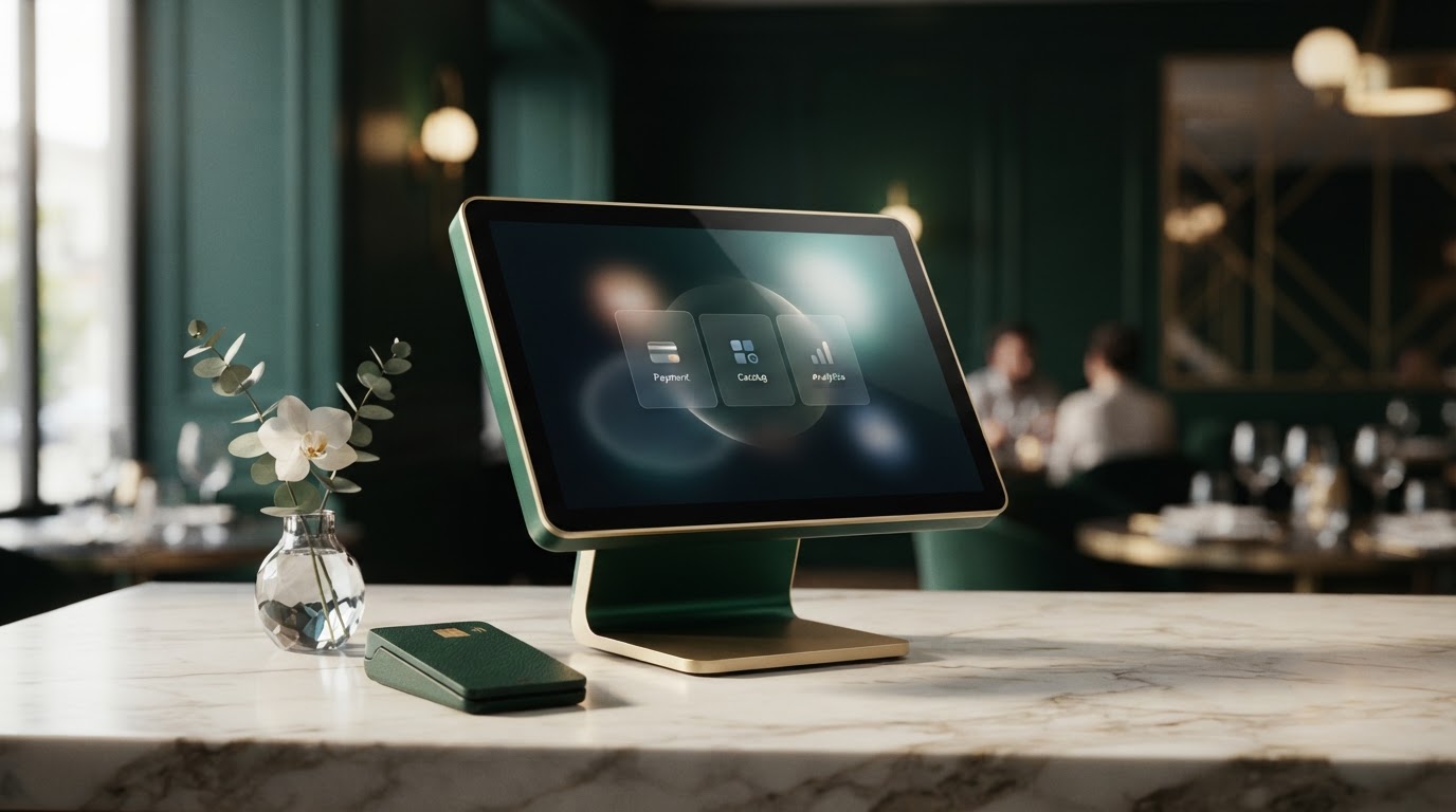 Premium emerald POS terminal on a marble counter in an upscale restaurant