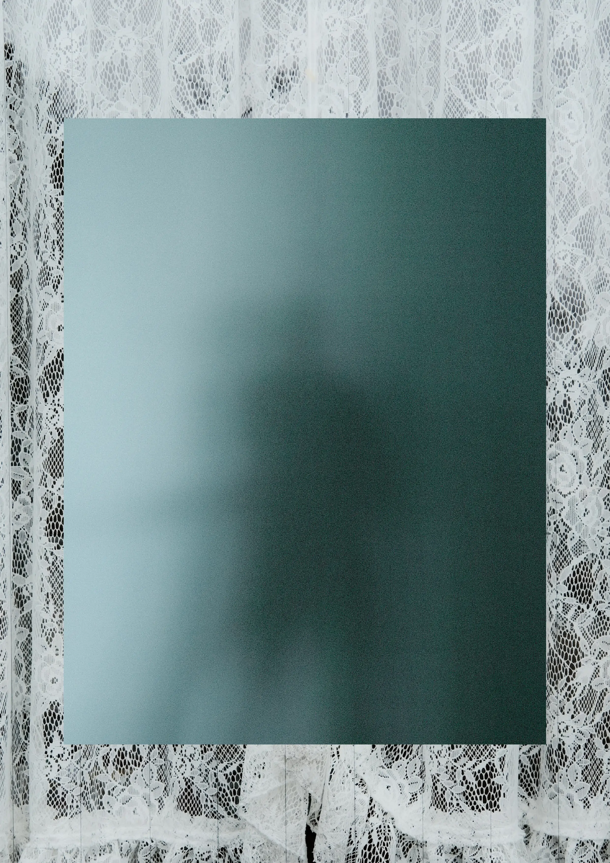 Muted teal gradient color field framed with intricate vintage white lace drapery