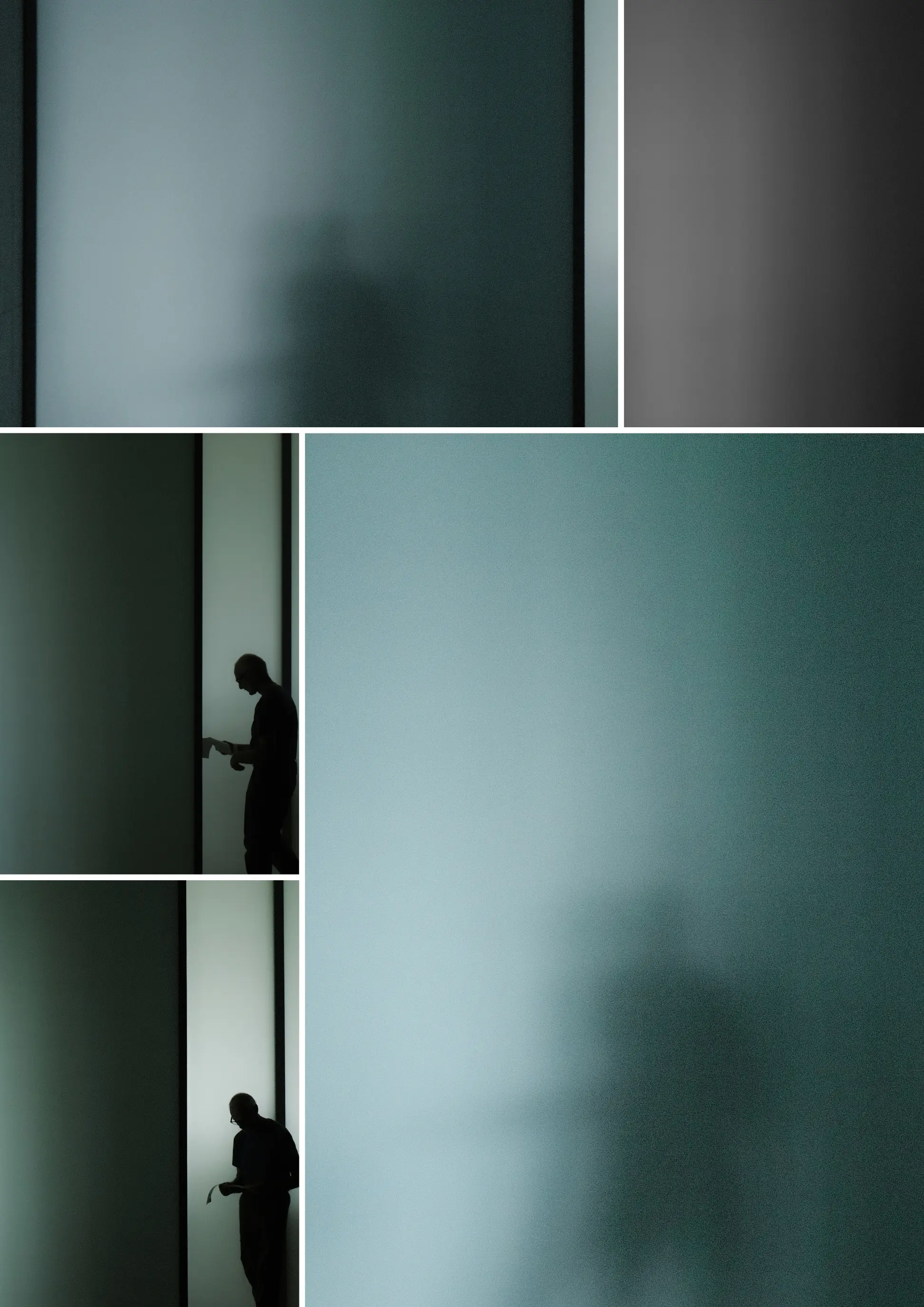 Minimalist muted green polyptych featuring figures through frosted glass and architectural door frames