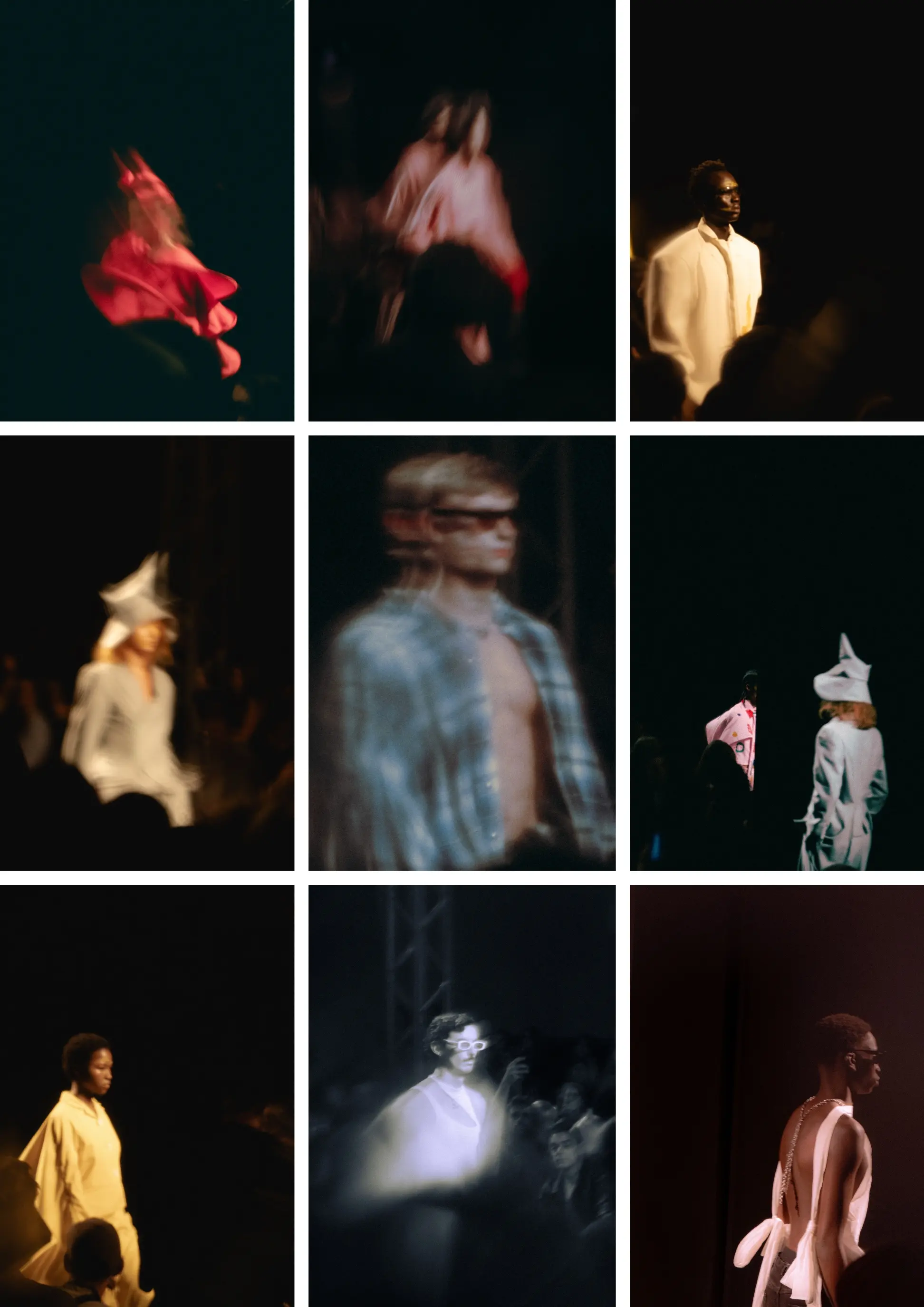 Nine-panel editorial contact sheet documenting high-fashion runway silhouettes and motion