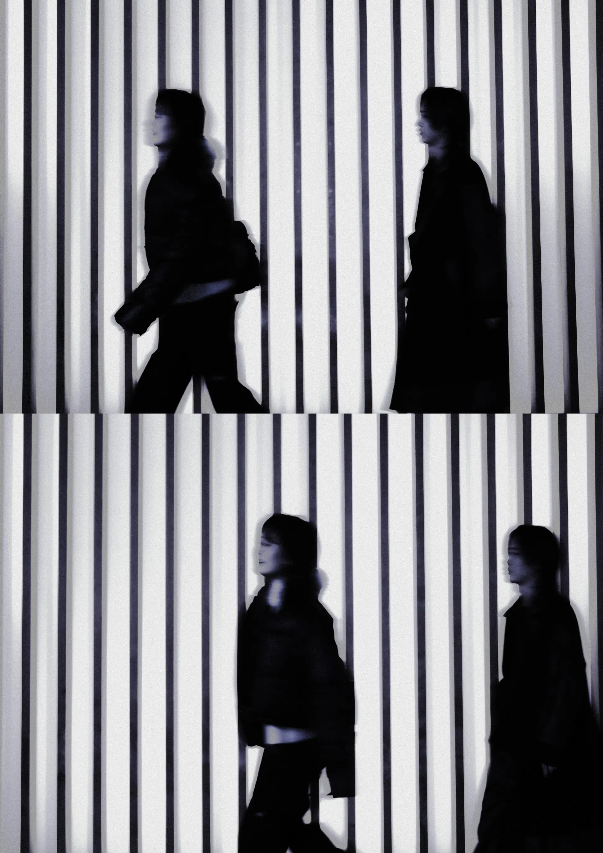 High-contrast monochrome diptych with backlit vertical louvers and silhouettes in motion