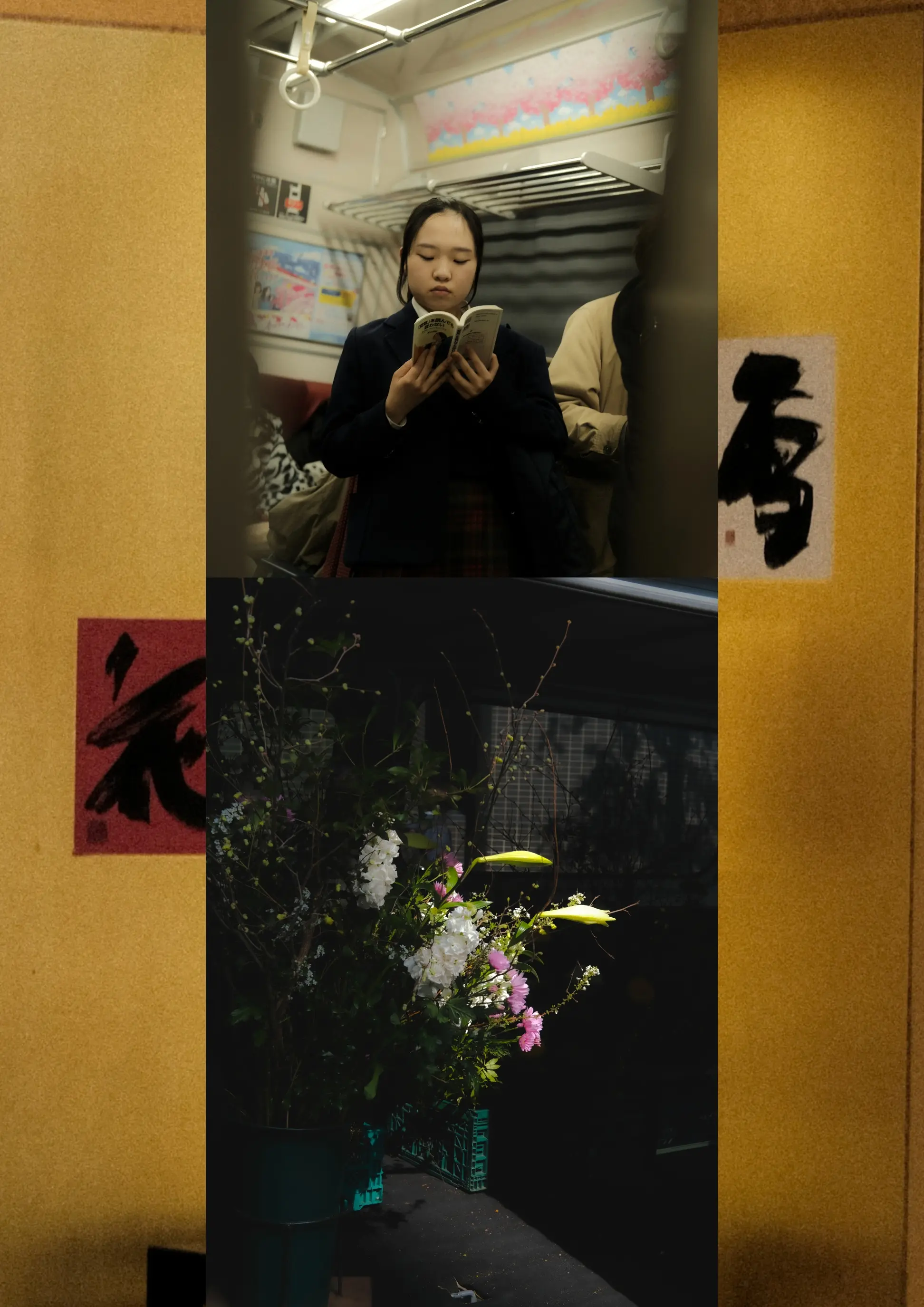 Split vertical diptych pairing Japanese train commuter reading with fresh floral arrangement and calligraphy
