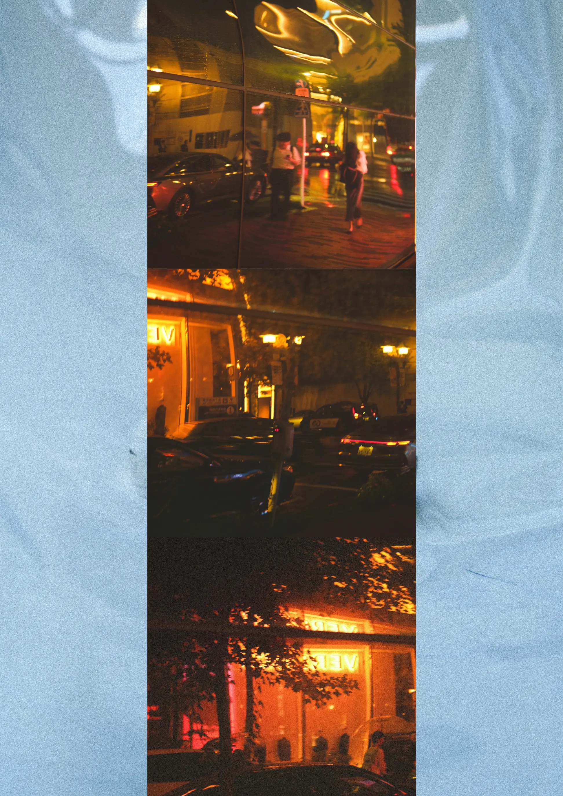 Three-tier vertical triptych capturing warm amber neon night reflections and street figures