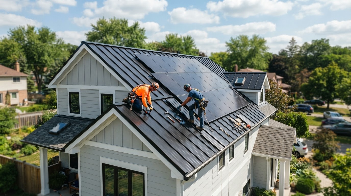Two roofers installing a modern metal roof on a suburban home fitted with solar panels on a sunny day