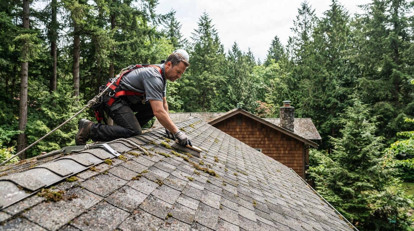 A roofer wearing a safety harness gently brushing moss off a shingle roof with a soft brush, working from the ridge down, evergreen trees behind the house
