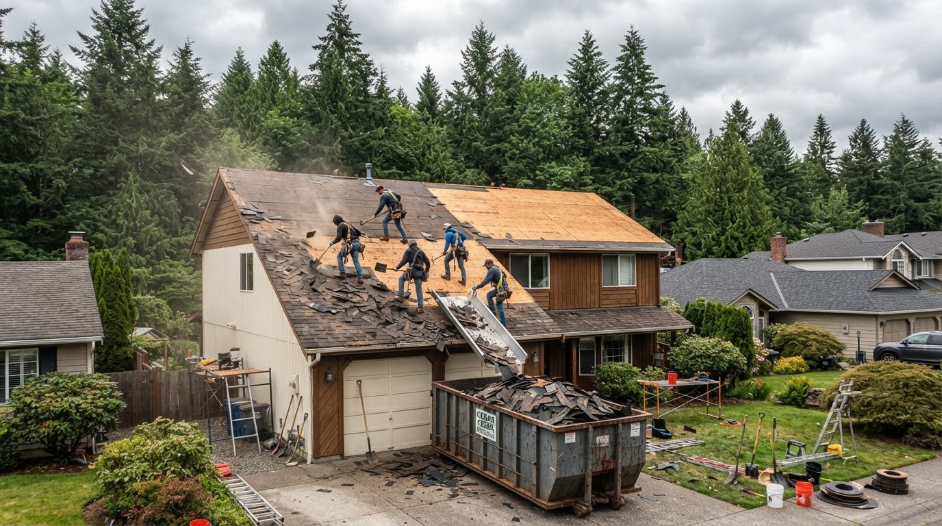 A roofing crew tearing off an old shingle roof on a suburban home, dumpster in the driveway below, Pacific Northwest evergreens in the background