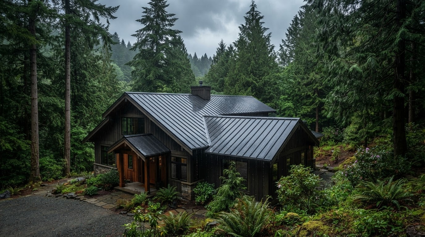 A standing seam metal roof on a Pacific Northwest home surrounded by evergreen trees, light rain sheen on the metal panels, overcast sky