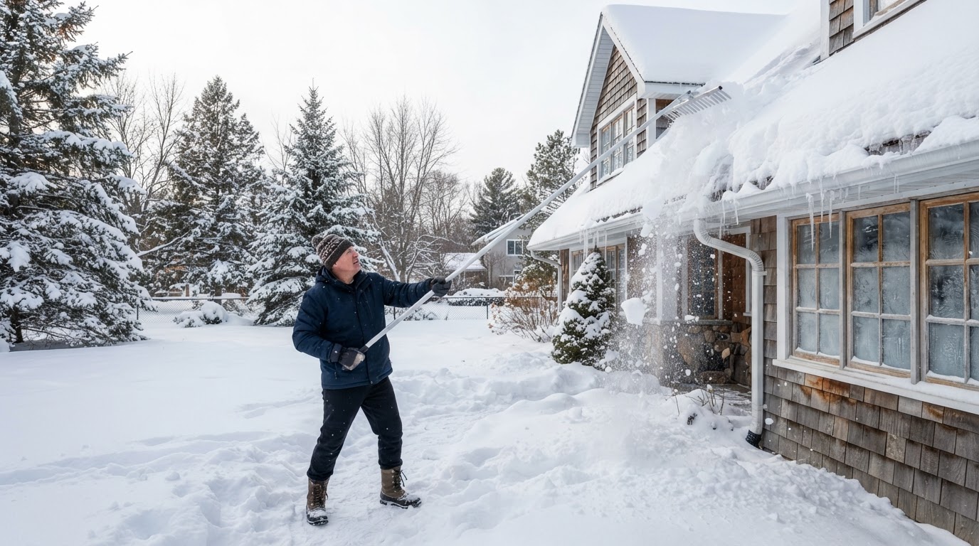 A homeowner standing on the ground in a snowy yard, using a long roof rake to pull snow off the edge of a roof