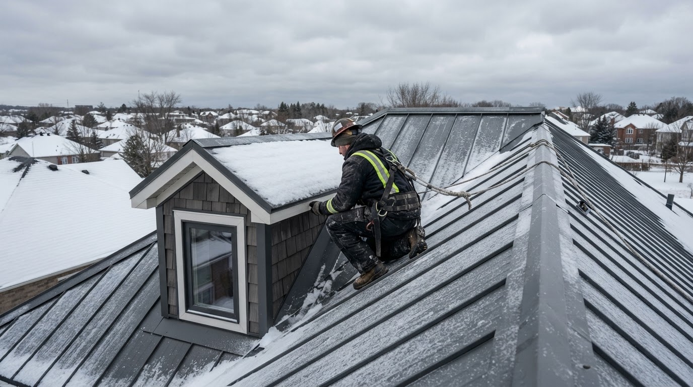 A professional roofer in winter gear inspecting a snow-dusted metal roof beside a dormer window, overcast sky, seen from behind at a distance