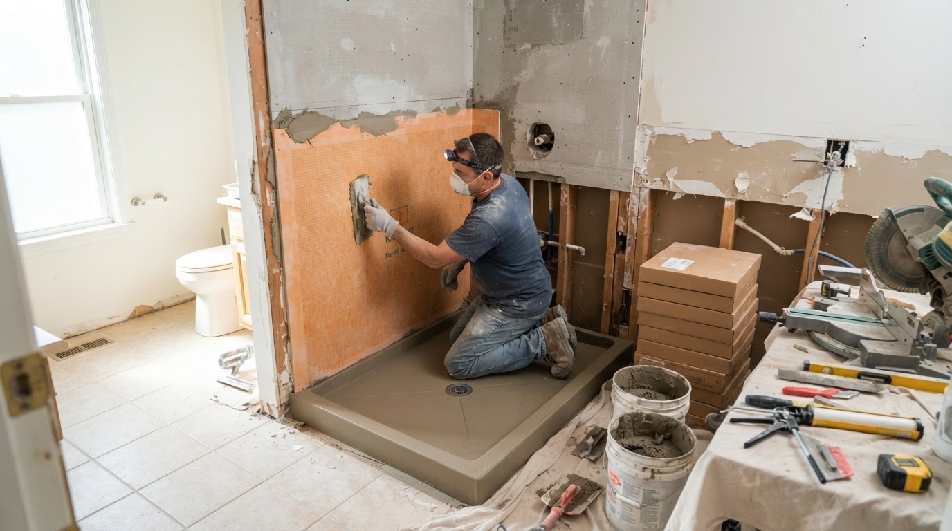 A bathroom mid-conversion, the old tub removed, a contractor installing the waterproof shower pan and wall membrane, tools and tile boxes nearby