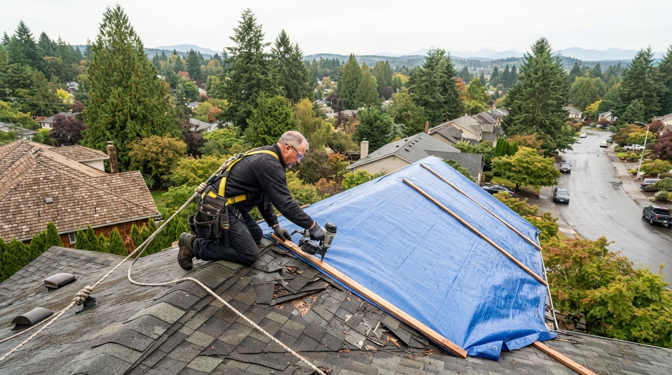 A roofer securing a blue tarp over a damaged section of a shingle roof the morning after a storm, safety harness on, suburban Pacific Northwest neighborhood below