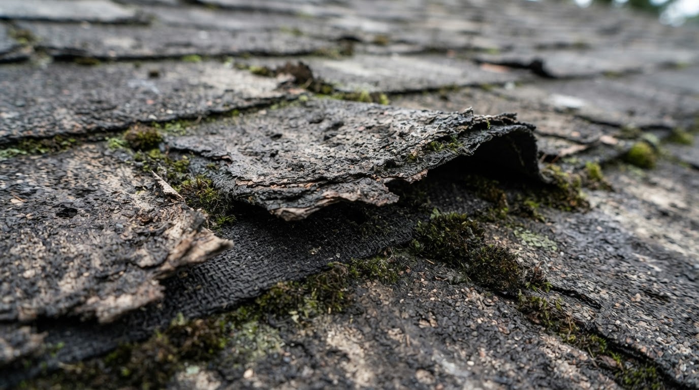 An extreme close-up of worn-out shingles at the end of their life, curling edges, heavy granule loss, and moss creeping in at the seams