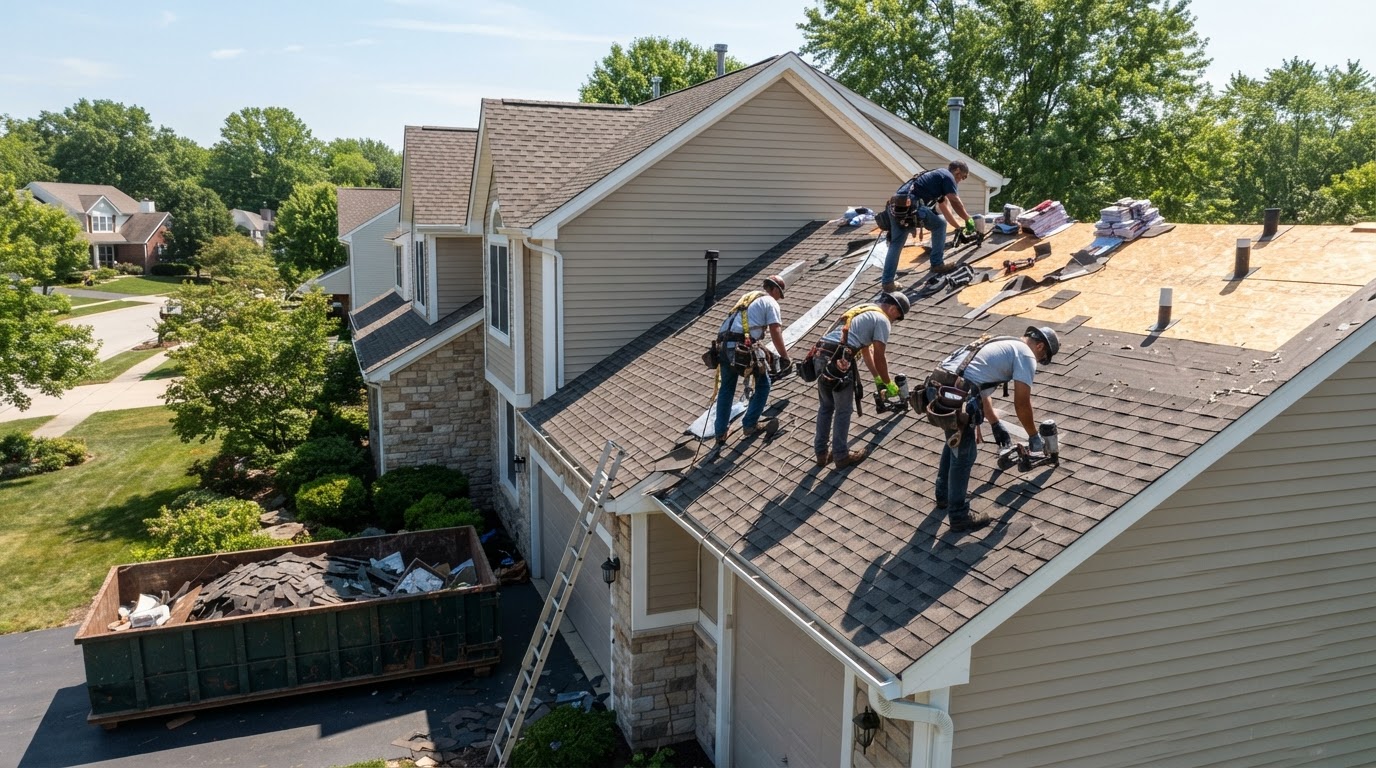 A roofing crew installing new architectural shingles on a residential roof, a dumpster in the driveway below, bright daytime