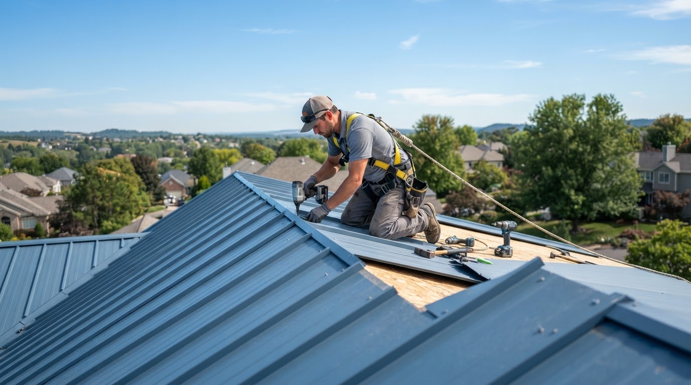 A roofer fastening blue-gray metal roof panels on a steep roof under a clear sky