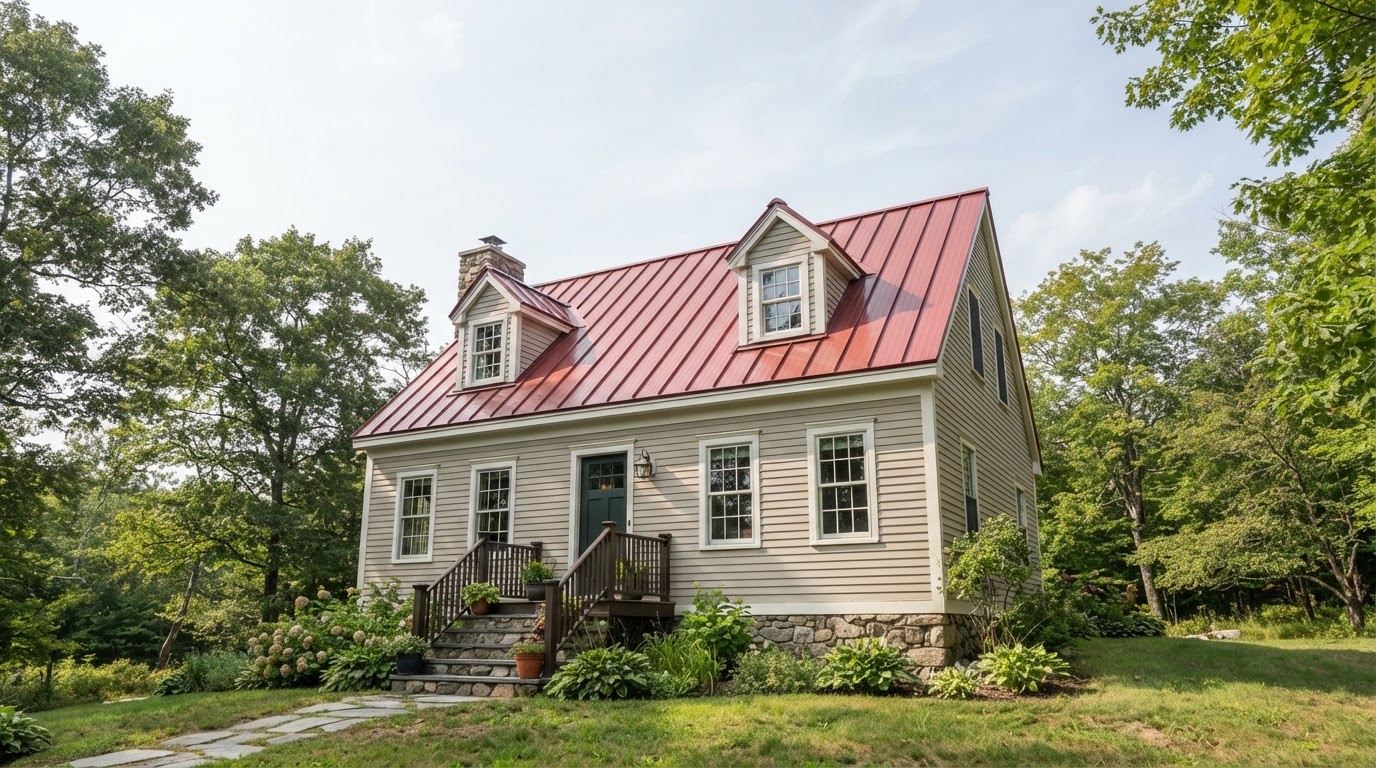 A home with a red standing seam metal roof and small dormer windows, photographed from below against a pale sky