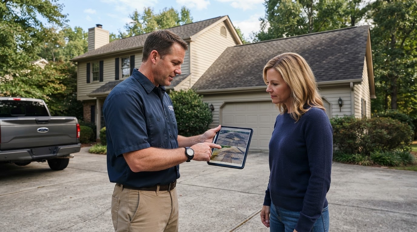 A contractor showing a homeowner photos of roof damage on a tablet while standing in the home's driveway, the house and its roof visible behind them
