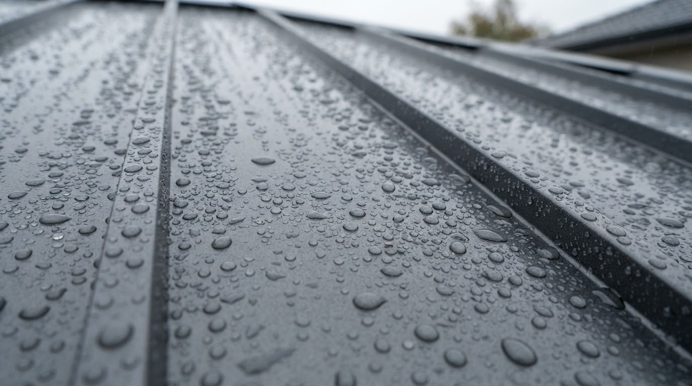 A close-up of modern metal roofing panels with rain beading on the protective coating, sharp detail