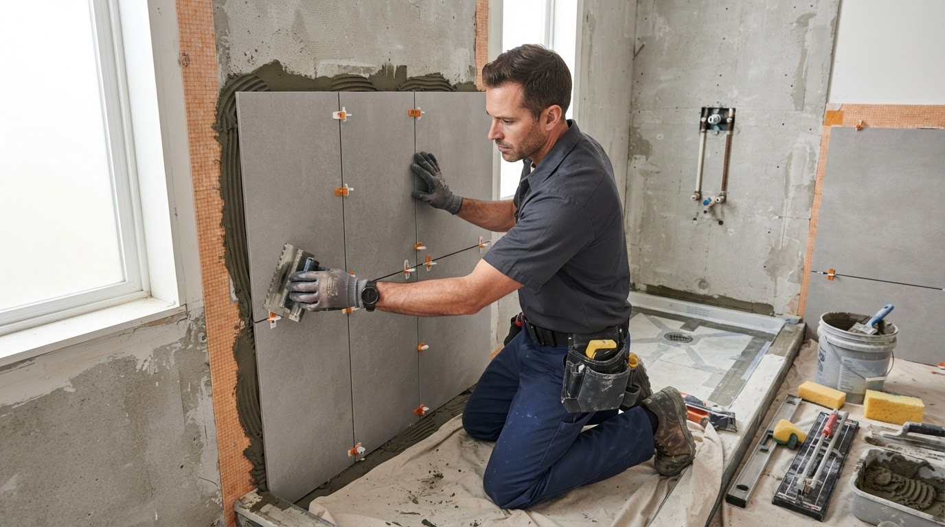 A contractor tiling a shower wall during a bathroom renovation, spacers between large-format tiles, waterproofing membrane visible at the edges