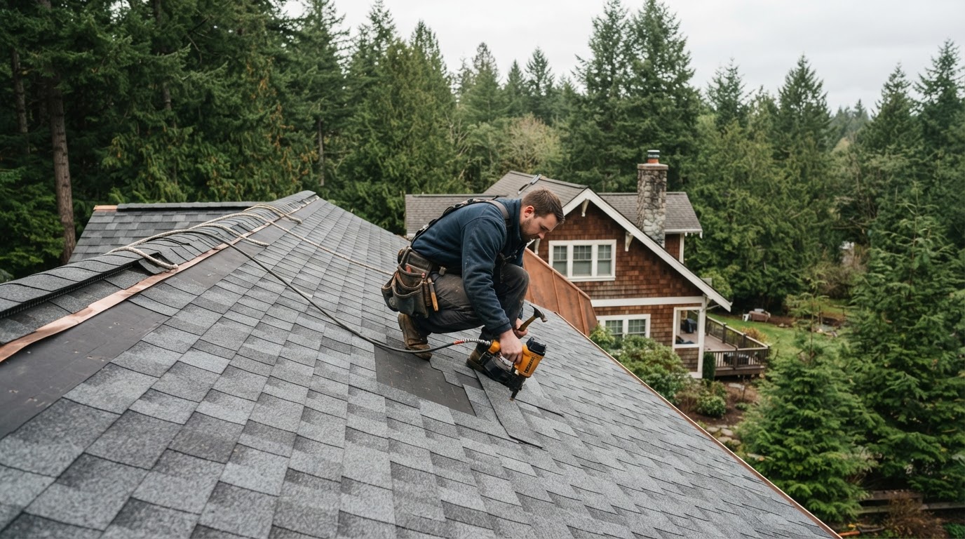 A roofer installing gray fiberglass architectural shingles on a residential roof in the Pacific Northwest, evergreen trees in the background