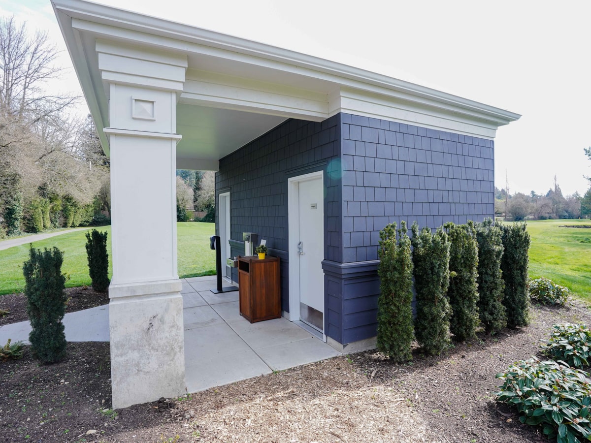 Charcoal Grey fiber cement shingle siding on a covered pavilion structure in Medina WA