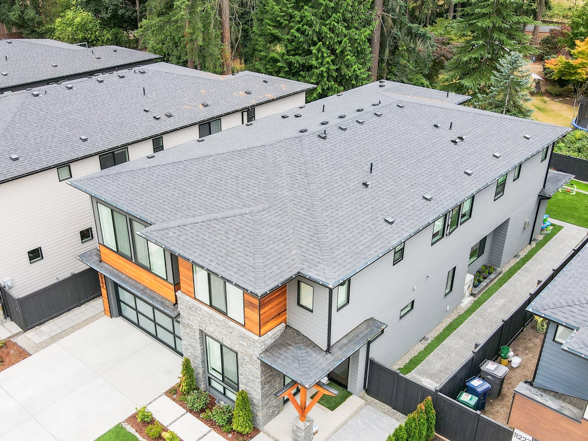 Close-up of gray architectural shingle roof installation in Kirkland WA