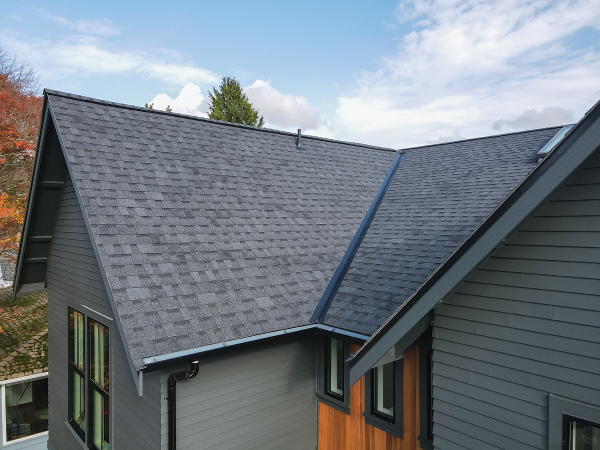Detailed architectural view of charcoal shingles, valley flashing, gutter drainage, and cedar siding entry accent