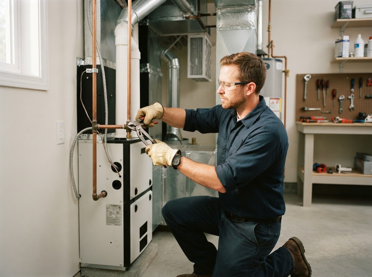 Technician installing a residential gas furnace in a utility room