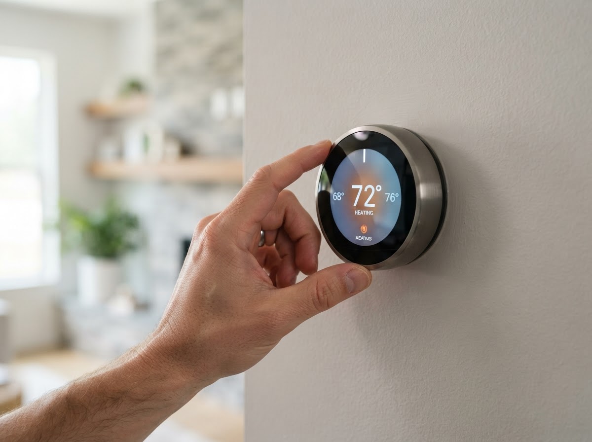 Hand adjusting a modern Wi-Fi smart thermostat on a wall