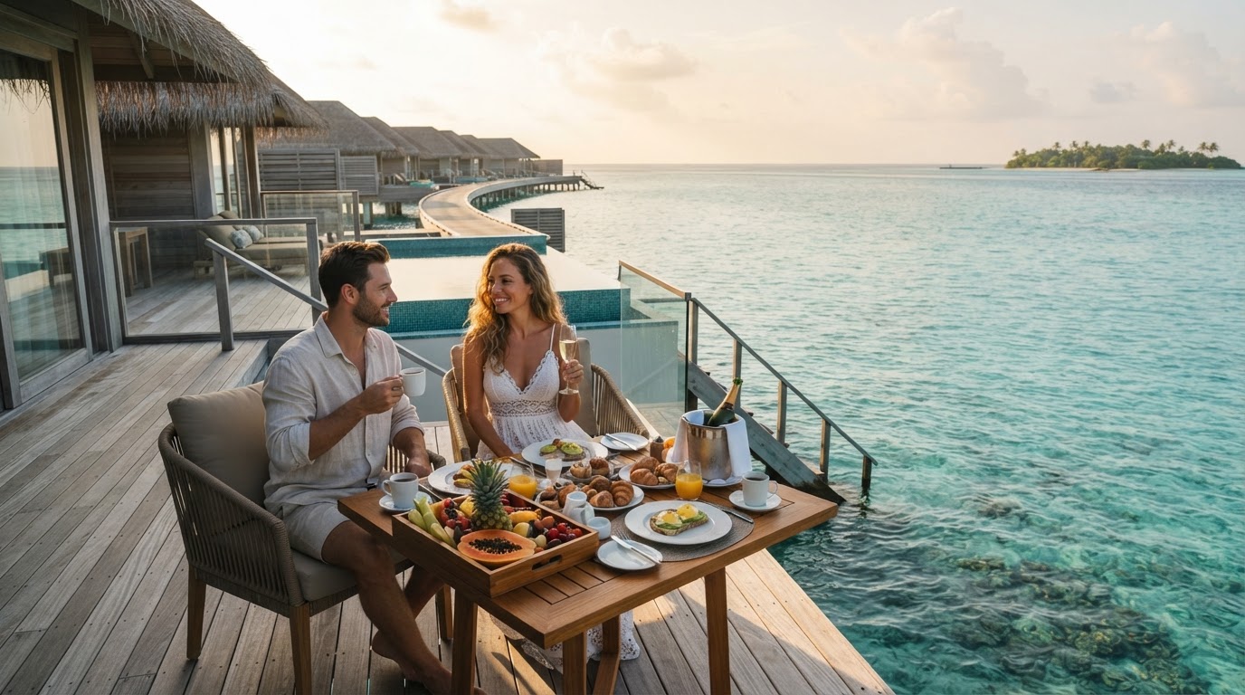 Guests enjoying breakfast on an overwater villa deck in the Maldives