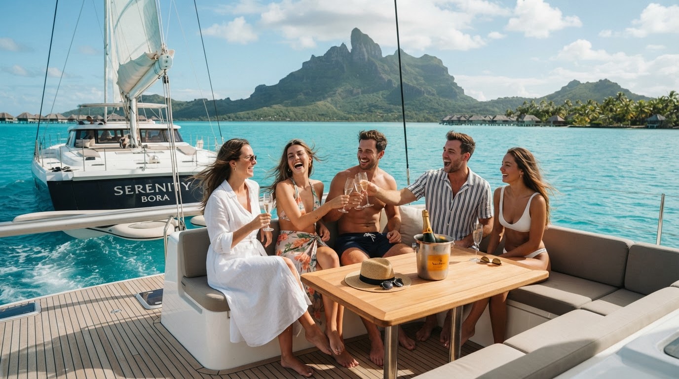 Friends sailing on a luxury yacht through the Bora Bora lagoon