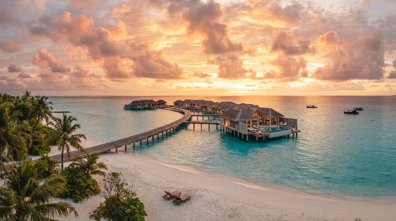 A tropical paradise at golden hour with overwater villas on a turquoise lagoon