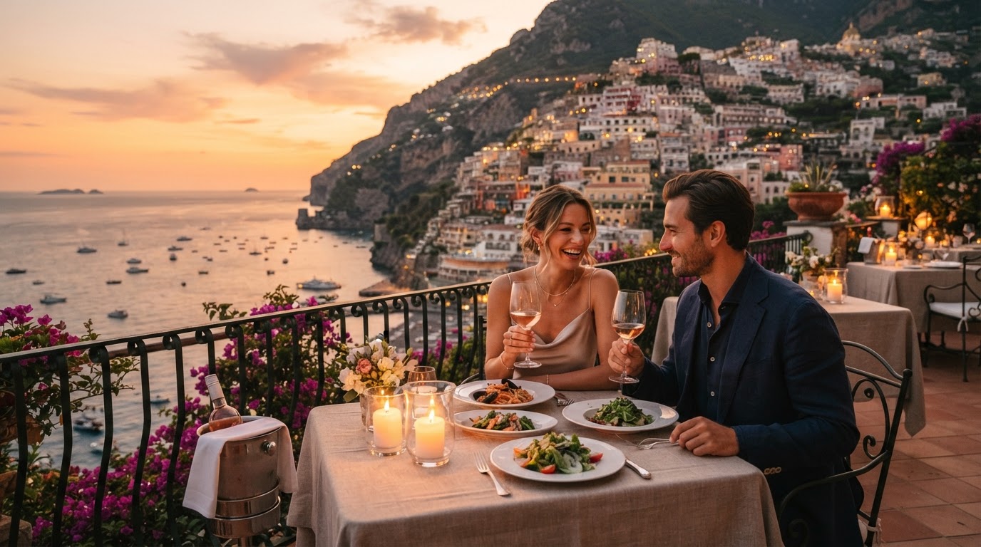 Couple dining at a candlelit sunset terrace overlooking the Amalfi Coast