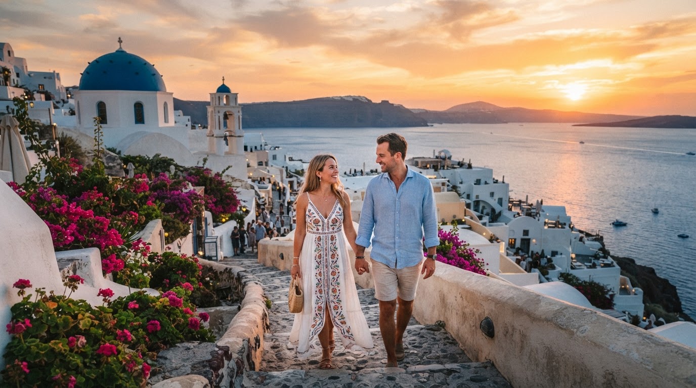 Couple strolling through a whitewashed Santorini village at sunset
