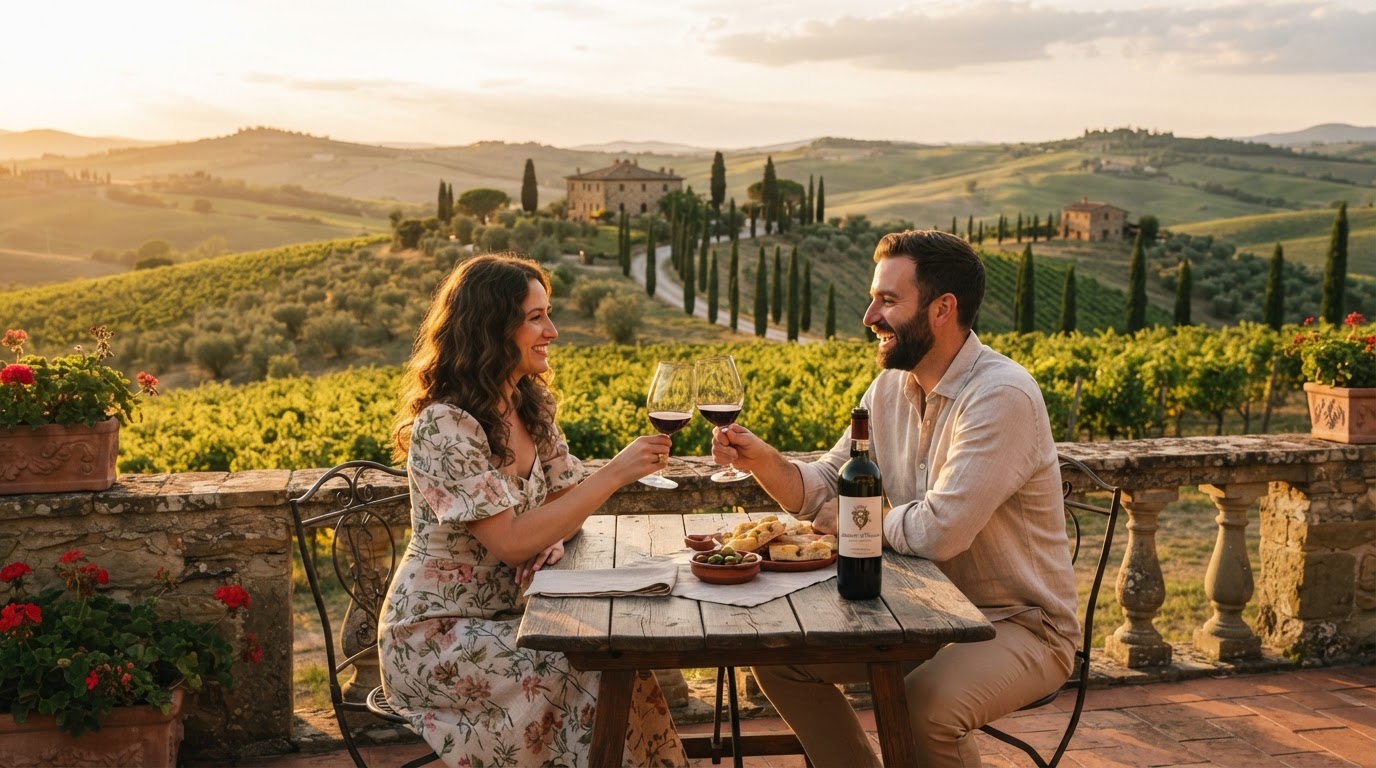 Couple wine tasting at a Tuscan vineyard at golden hour