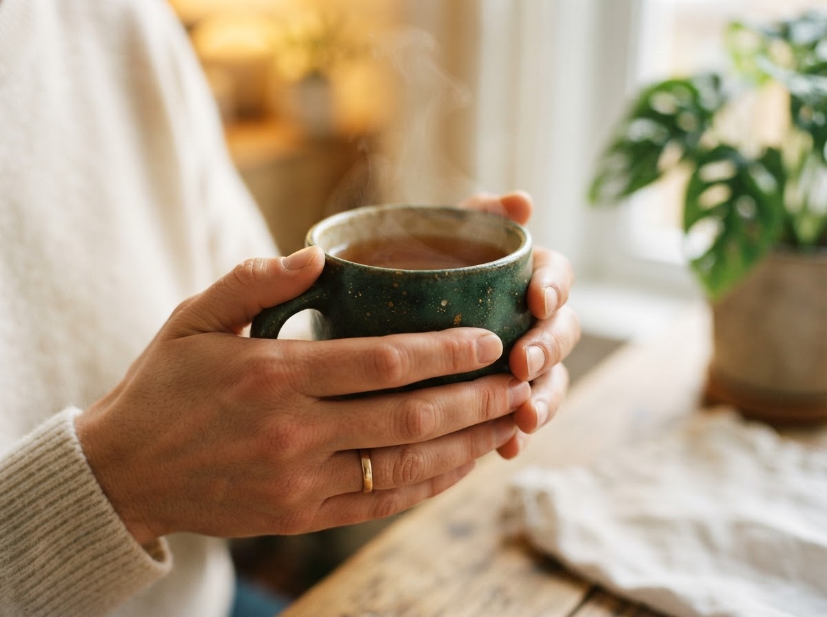 Hands holding a warm cup of tea, representing stability