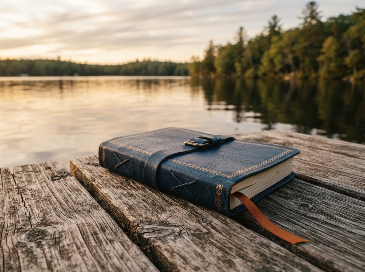 A navy leather journal resting on a wooden dock beside a calm lake at golden hour