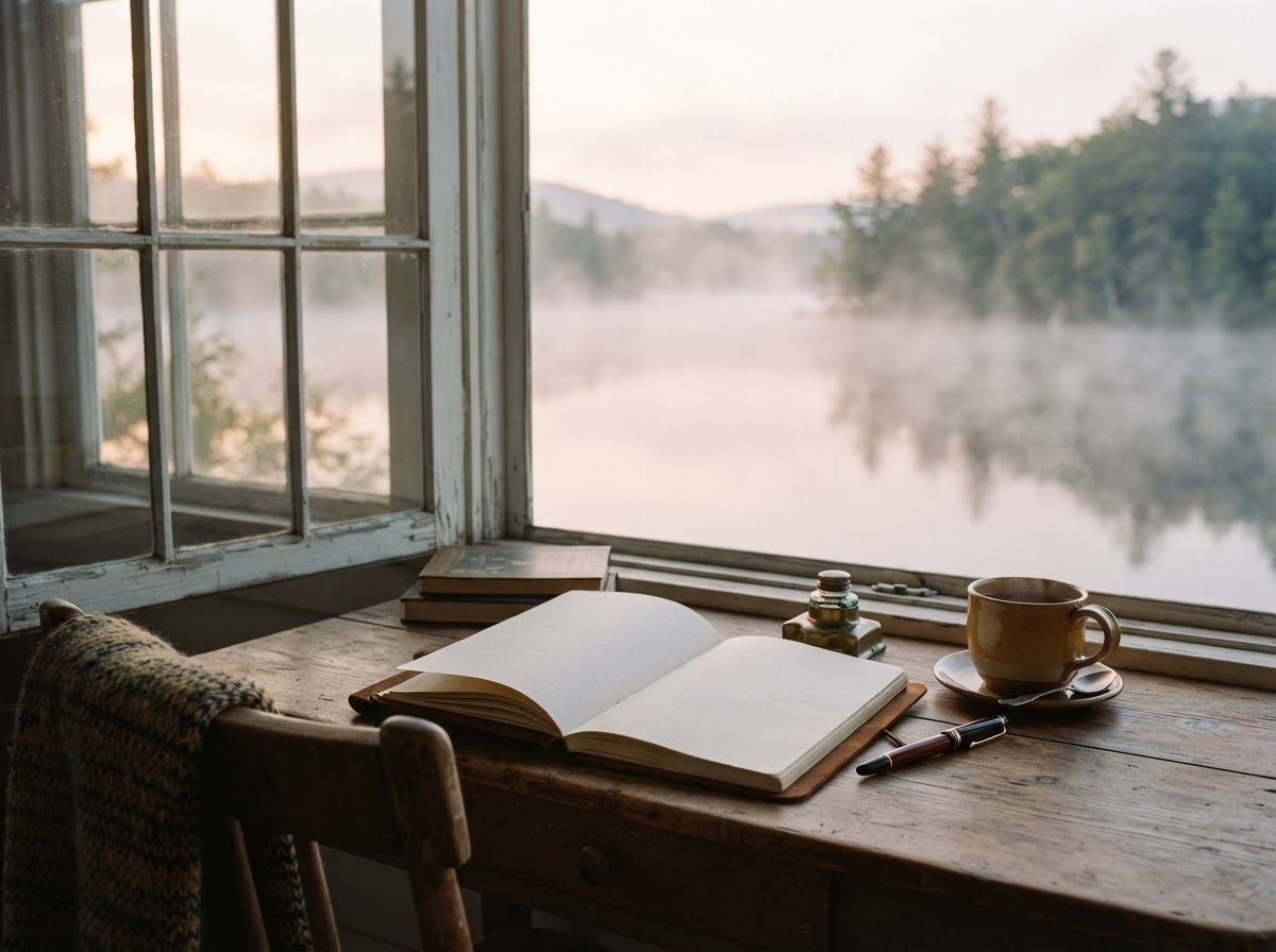 A quiet writing desk by a window overlooking a misty New England lake at dawn