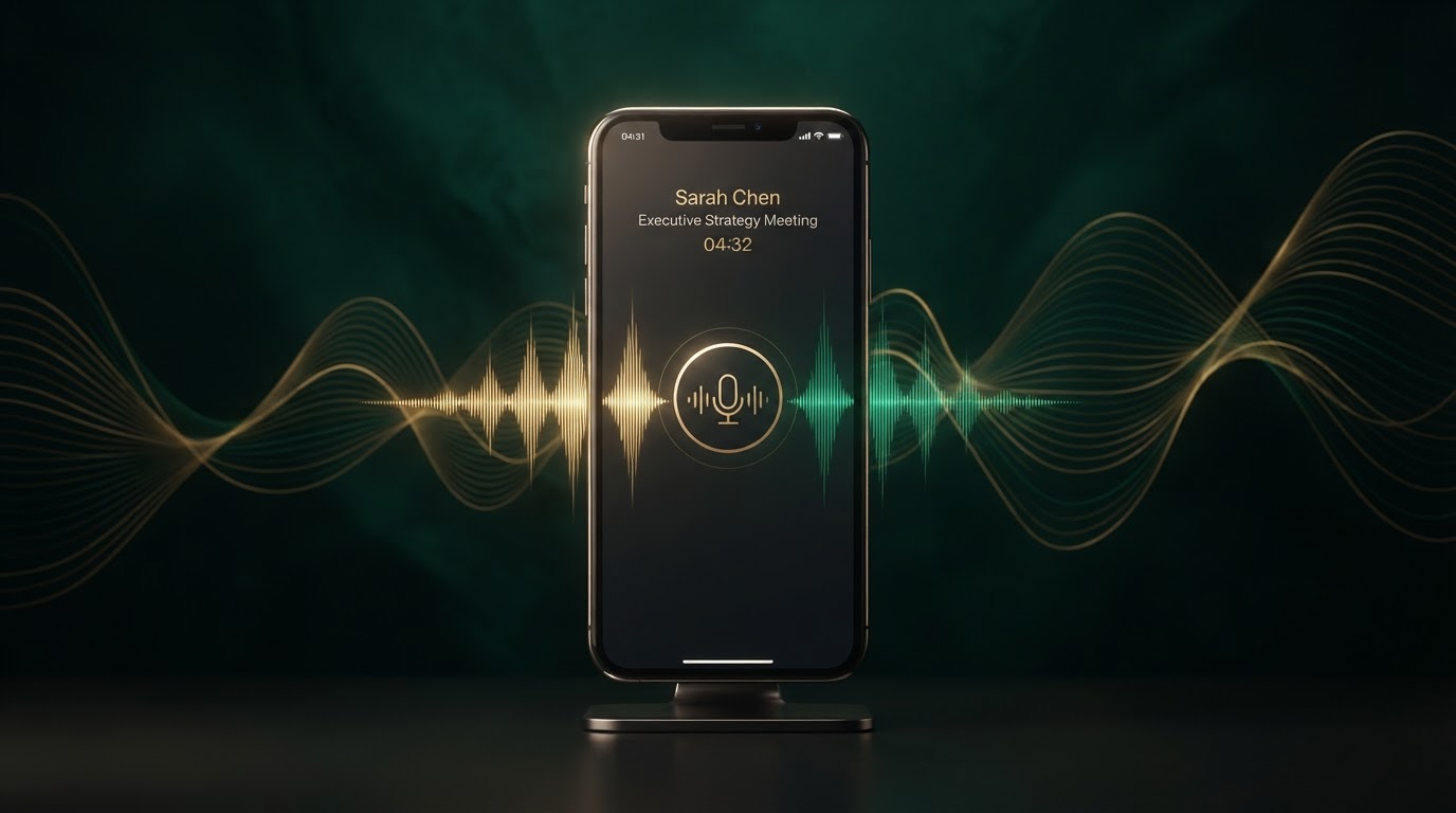 Ava Voice AI handling a professional services call with emerald and gold soundwave visualization