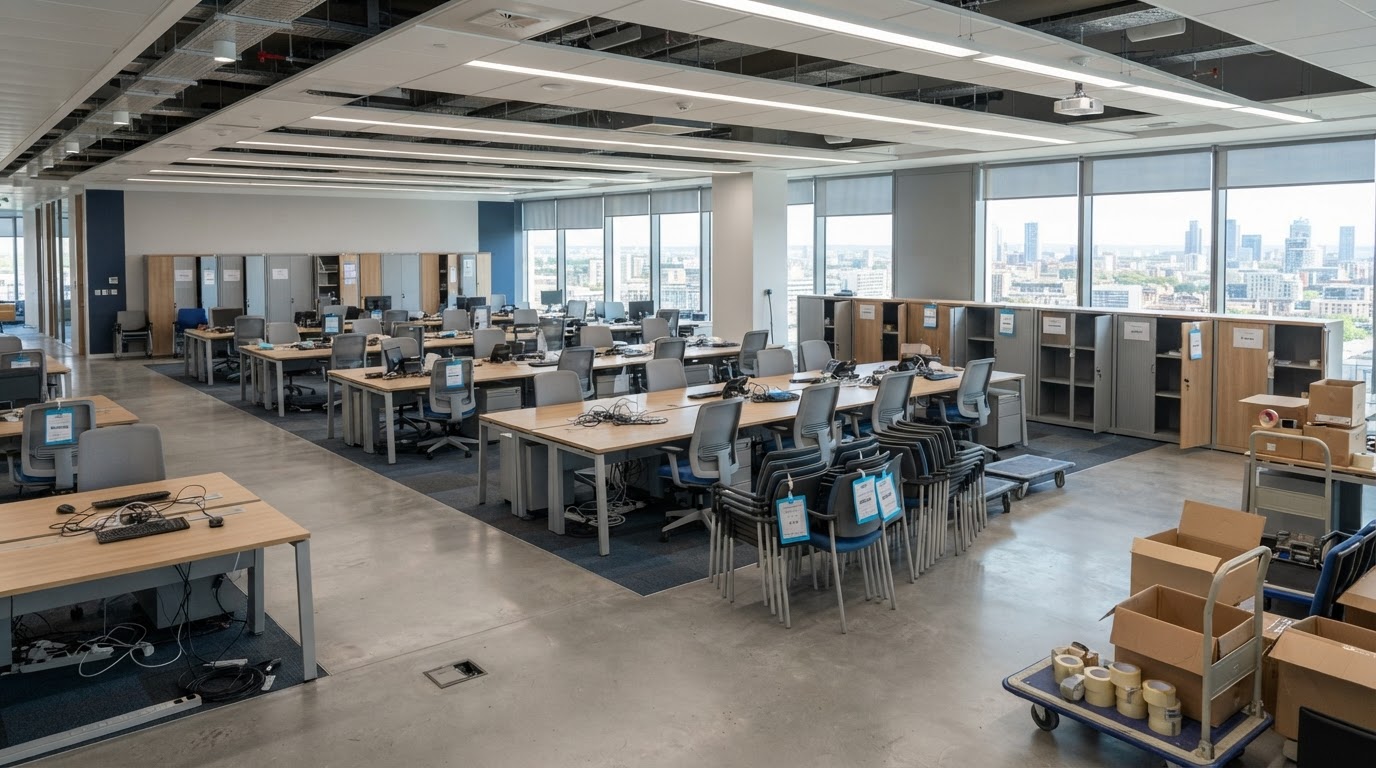 An office space with desks, chairs, cabinets and commercial furniture prepared for a cleanout and removal