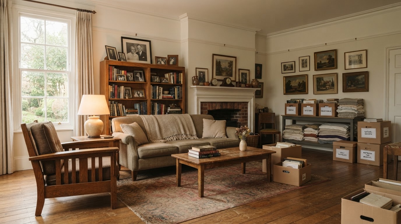 A calm established residential interior with furniture and stored belongings in a peaceful organized atmosphere
