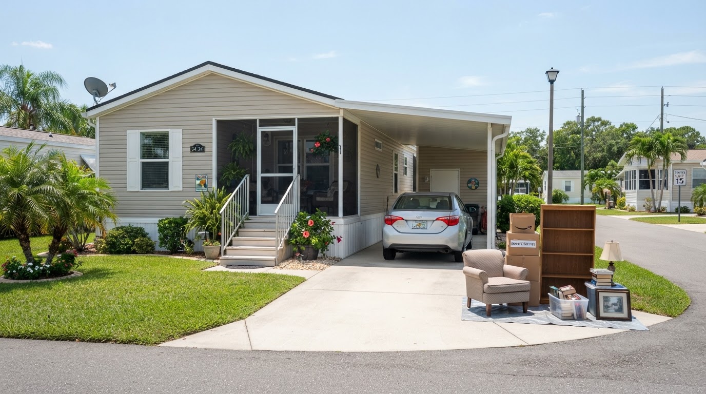A maintained Florida manufactured home with a carport, porch steps and household items staged near the lot for hauling