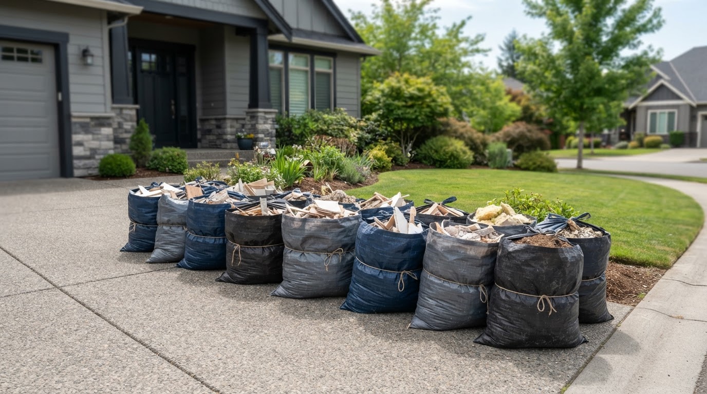 A neat group of heavy-duty bags filled with nonhazardous debris staged on a driveway for authorized collection