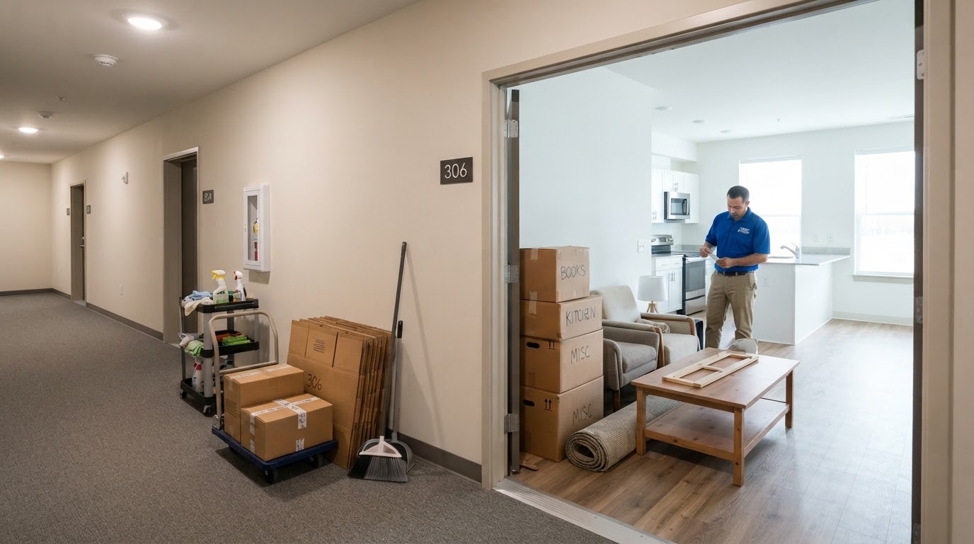 A multifamily apartment building hallway and unit interior with furniture and boxes neatly staged in an organized removal area for a property-management turnover cleanout