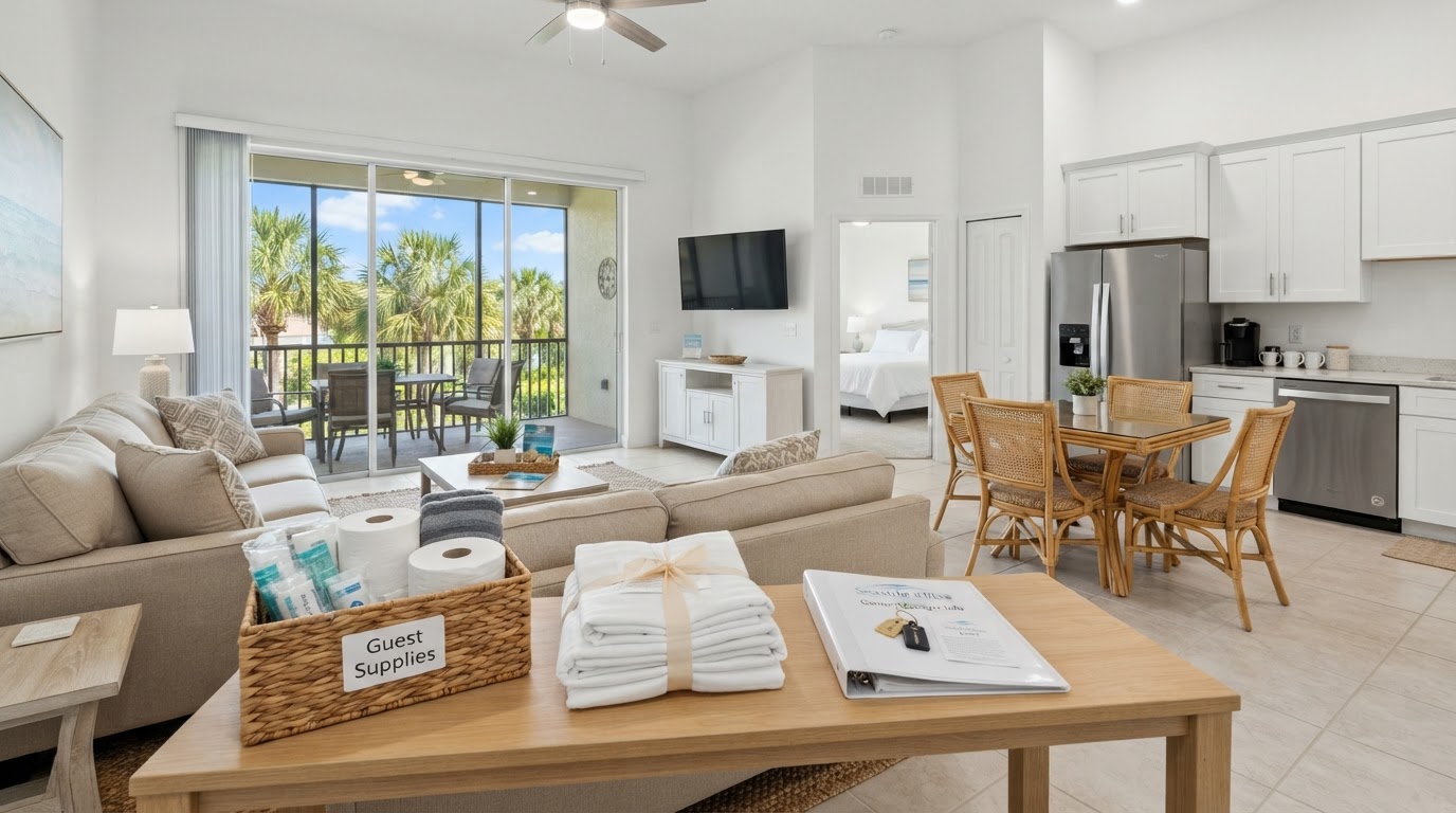 A professionally maintained Florida vacation property interior with organized household contents and selected furnishings ready for a property-manager turnover pickup