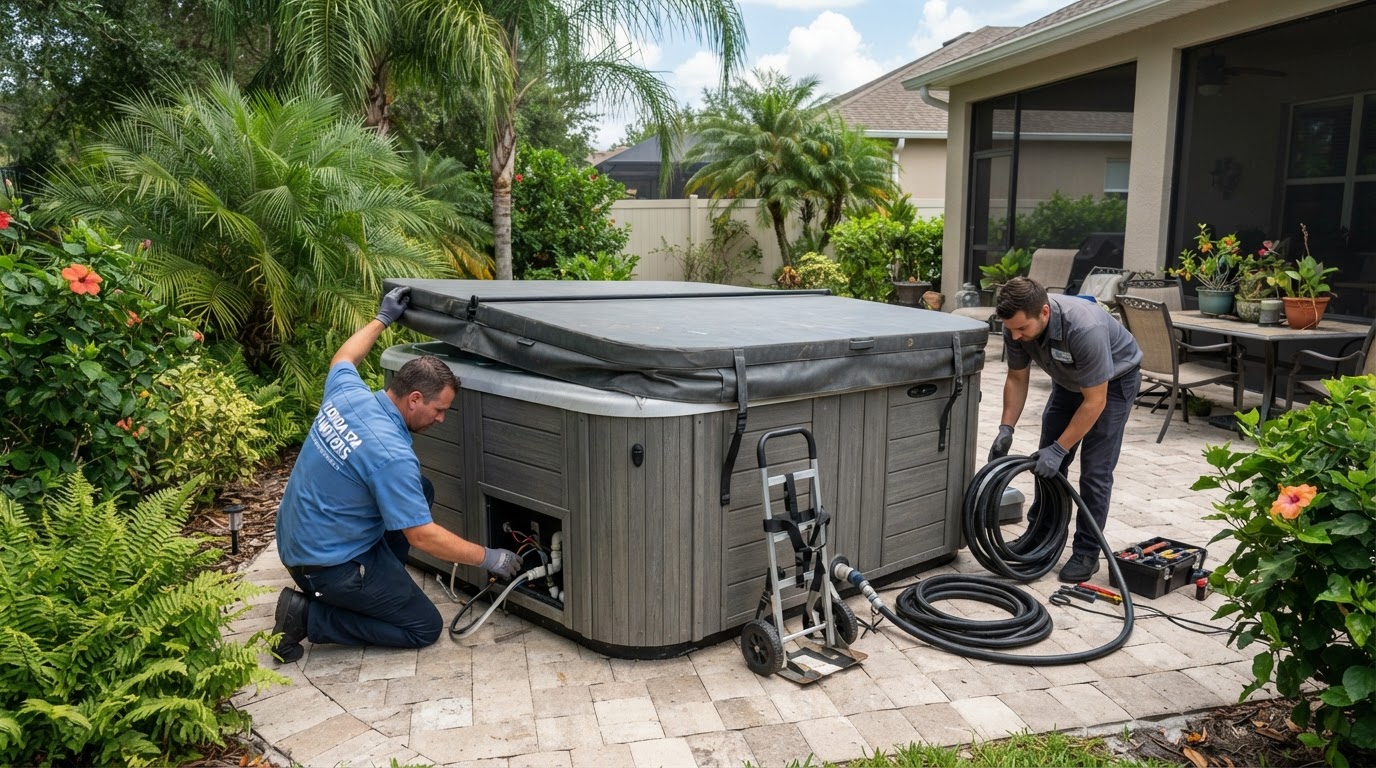 A portable hot tub spa with a cabinet surround and cover on an outdoor patio in a residential yard, staged for removal