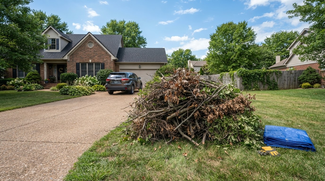 A neat pile of previously cut tree branches, brush, and pruned limbs staged for hauling next to a residential driveway